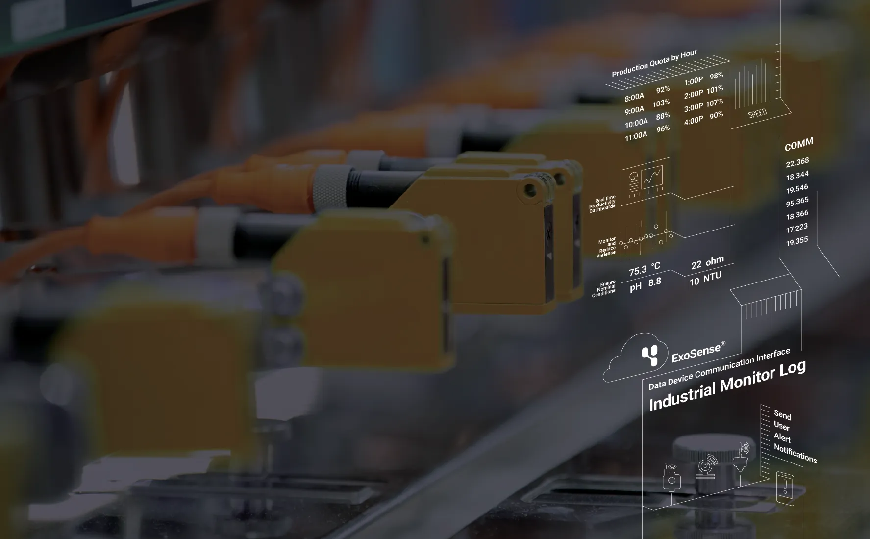 ExoSense industrial monitoring overlay on a manufacturing production line