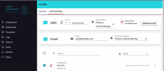 Administrative view within a remote monitoring application showing how SMS/email alerts can be set based on the status of industrial, PLC-based machinery.
