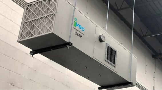 Ceiling-mounted Hastings IVEC air filtration unit inside a facility